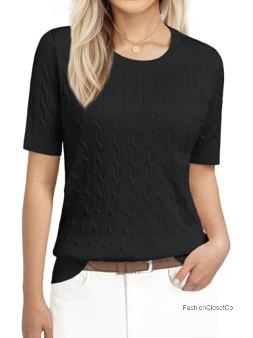 Womens Short Sleeve Ribbed Cable Knit Sweater Lightweight Pullover Office Casual